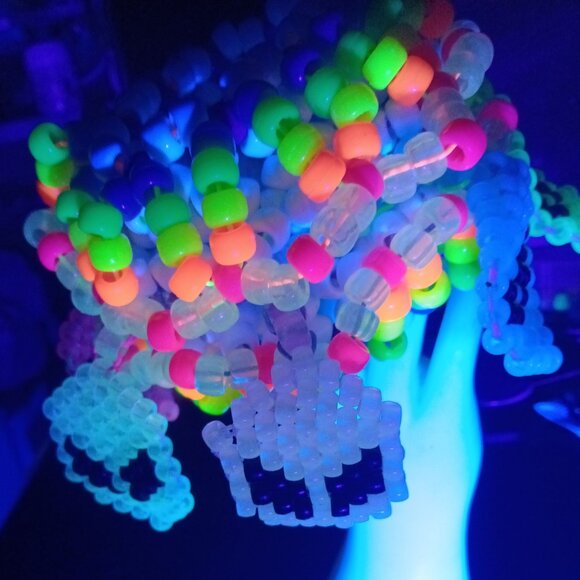 Rainbow Glow-n-Dark Alien Faces Rotating Around Rainbow UFO Cuff EDM Handmade - Picture 2 of 7